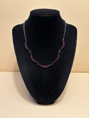 Nine West Gunmetal Ruby Red Crystal Crescent Necklace 17”+2.5”
